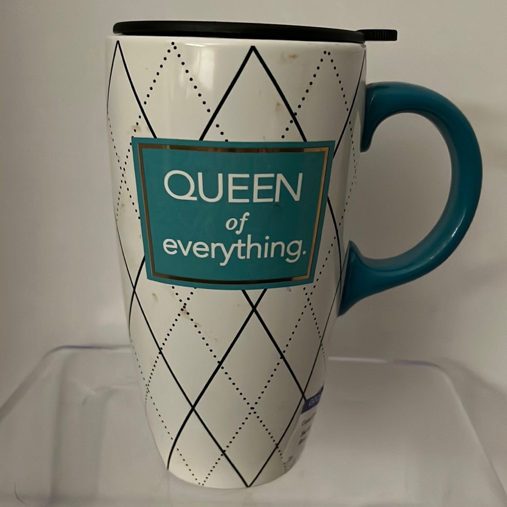 Clay Art “ The Queen of Everything” Travel Coffee Mug EUC